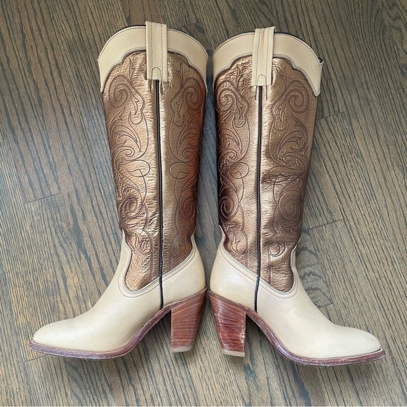 FRYE Metallic Gold Stitched Knee High Western Festival Cowboy Boots - Picture 7 of 15
